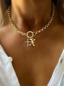 STYLEVER 1 PC Gold A-Z Initial Letter Necklace, Red Diamond Pendant Chain, Full Diamond Cross Pendant Chain, Personalized Letters, Stainless Steel Chain, Celebrating Festivals,Halloween And Christmas Gifts For Women