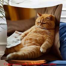1 件懒猫枕套，报纸主题枕套，45x45 厘米，适用于沙发、农舍，单面印花，可爱又有趣的宠物猫抱枕套，无枕芯 - 棕色 - 查看 7