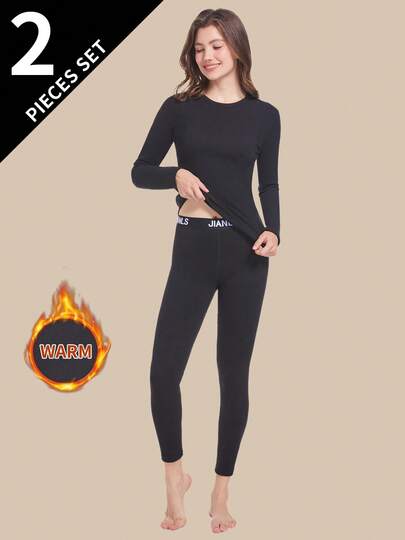2pcs Women's Thermal Underwear Set, Round Neck Top + Pants, Tight Fit Base Layer For Autumn/Winter