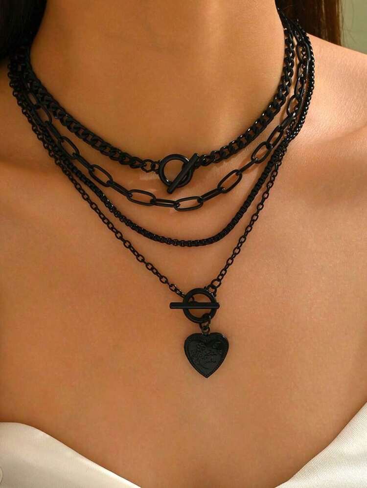 4pcs Gothic Style Metal Heart Pendant Multilayer Necklace, Suitable For Women's Daily And Party Wear, Gift, Women's Accessories, Halloween, Valentine's Day, Women's Autumn/Winter Jewelry, Fall - 黑色 - 查看 5