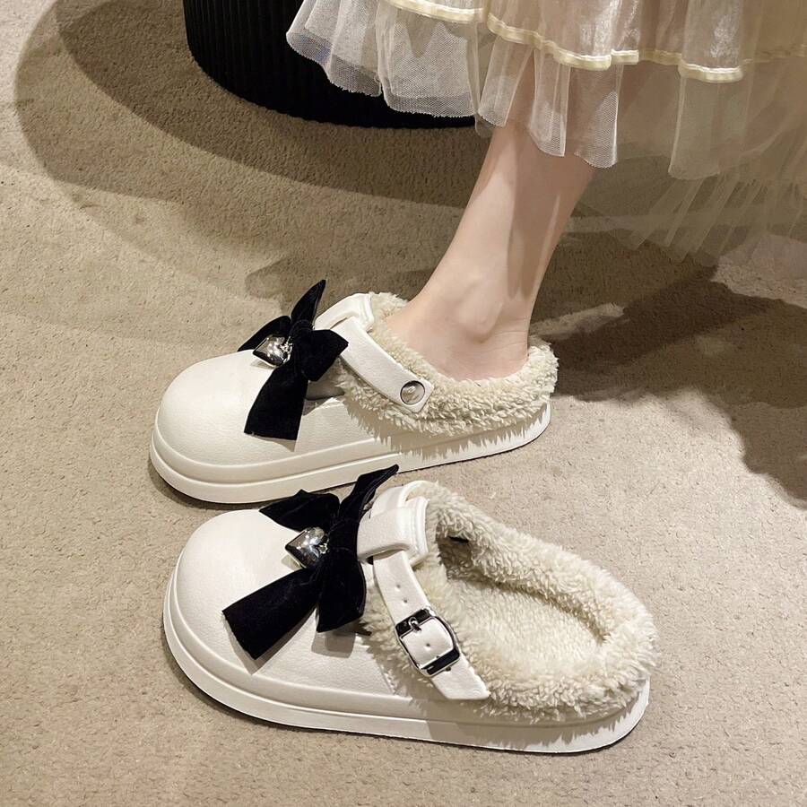 Bestselling Plush Warm Punk Sweetheart Heart Buckle Plush Mules, Women's Bow Fashion Casual Winter Shoes, Sweet And Cool Style Slippers