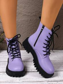 秋冬圆头系带时尚拼布靴，厚底度假风格女式踝靴，复古扣饰靴 - 紫色 - 查看 5