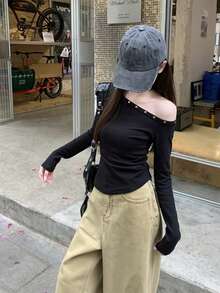 Korean Style Chic Asymmetric Shoulder Ruched Rivet Sexy Long Sleeve T-Shirt Top, Spring - Black - View 4