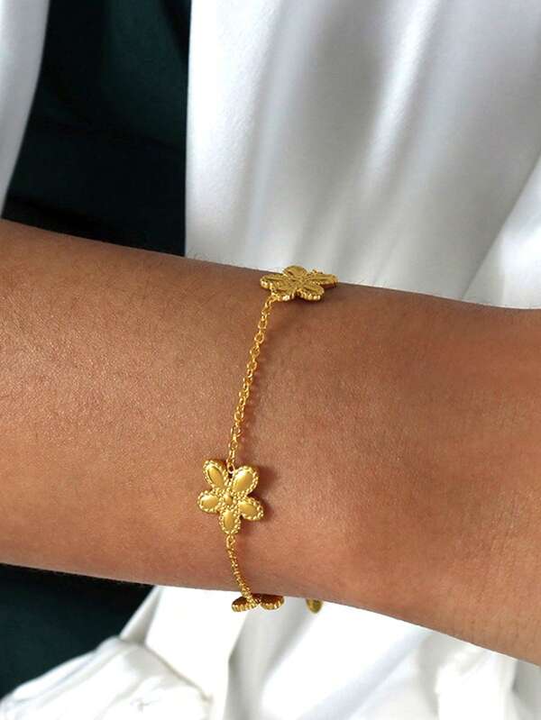 1 pulseira com pingente de flor dourada da moda, colar de flores em estilo moderno, aço inoxidável, fofa, simples, com estampa de flor de ameixa, pulseira feminina