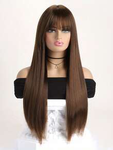[耐热合成假发] 耐热 28 英寸长直合成假发，带刘海 - 自然柔软的头发，适合日常佩戴、角色扮演、万圣节、音乐节和圣诞节活动 - 女士时尚黑色 - 棕色 - 查看 7