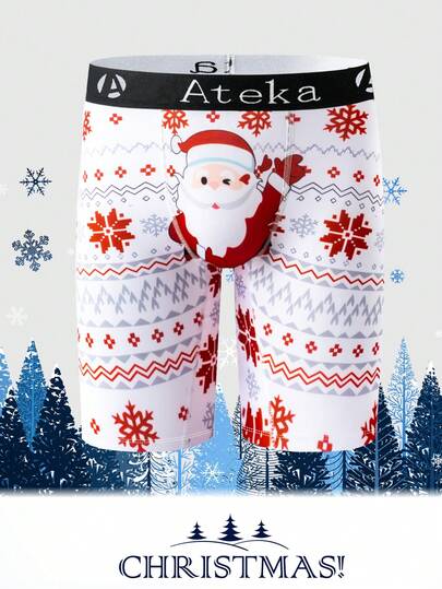 1 pièce Caleçon long homme imprimé numérique Père Noël blanc de Noël - Imprimé de dessin animé thème Noël, taille élastique jacquard, port quotidien confortable, design jambe longue, imprimé ludique, tissu tricoté de qualité, décontracté et confortable
