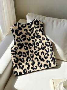Leopard Print Contrast Trim Front Button Sleeveless Fuzzy Jacket, Suitable For Everyday Wear,Sleeveless Vest, Leopard Print Faux Shearling Vest,Autumn/Winter