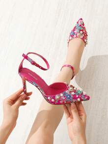 Distinctive Rhinestone Women's Fashion High Heel Shoes, Rose Red Heels Embroidered Ankle Strap Pumps, Personalized Style Stiletto High Heels Sandals Closed Pointed Toe Elegant Prom Dresses Wedding Date Shoes Valentine's Day Gift We Recommend Buying Half A Size Smaller. - 玫紅色 - 查看 7