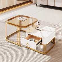 Stackable Coffee Table: Glossy Marble, Beige Glass Top, Gold Trim, Side Table With Drawer, Set Of 2 - White - View 3
