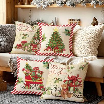 4 Stücke Vintage Aquarell Weihnachtsbaum & Geschenkbox Kissenbezüge [ohne Kissenfüllung], 17,7*17,7 Zoll (45*45 cm), [einseitiger Muster] Fröhliche Weihnachten dekorative Polyester Kissenbezüge für Sofa, Wohnzimmer, Schlafzimmer, Auto, Büro, Hotel, Airbnb, Weihnachtsgeschenke für Familie und Freunde