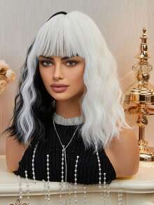 14 Inch Black White Synthetic Curly Bob Wig - Flattering Bangs, Versatile Wavy Texture, Heat Resistant - Chic Bob Style Wig For Fashionistas, Ideal Daily Wear, Halloween - Multicolor - View 5