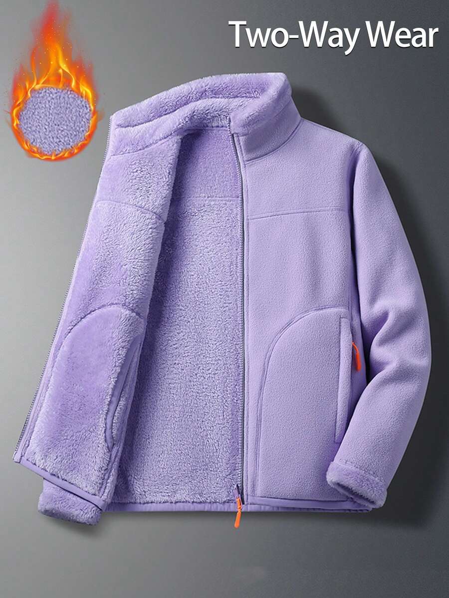 Jaqueta Reversível de Sherpa de Lã Sintética Feminina - Casaco Térmico Grosso de Dois Lados com Zíper para Inverno, com Bolsos com Zíper, Forro Plush Ultra Quente, À Prova de Vento para Corrida ao Ar Livre e Uso Casual no Outono/Inverno 2025 Plus