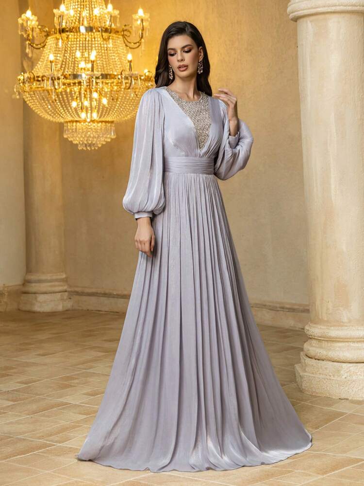 UNITHORSE 女士圆领灯笼袖人造丝纤维手工串珠装饰修身长款晚礼服 - 淡紫色 - 查看 6