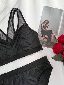 Conjunto de sutiã e calcinha sem aro preto feminino, sutiã e calcinha de malha sexy com patchwork fino e confortável estilo nadador - Preto - Ver 9