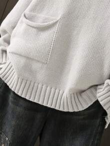 Plus Size Women Long Sleeve Pullover Sweater With Single Side Pocket, Suitable For Autumn/Winter - Grey - View 4