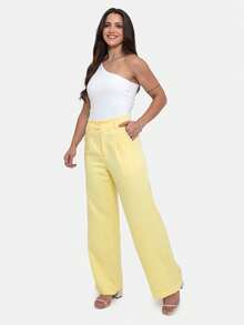 Simple Elegant Casual Polyester Zipper Pocket Button Daily Pants - Yellow - View 2