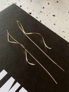 1 对时尚简约弧形波浪流苏耳环，适合女士，优雅精致 - 金色 - 查看 2