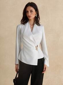 Women Elegant Commuter Solid Color Cross Neckline Metal Detail Long Sleeve Shirt