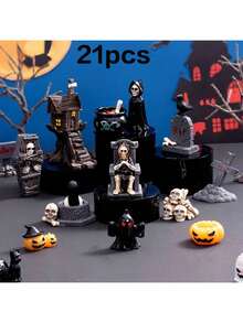 21pcs Halloween Ornaments, Halloween Scene Layout Miniature Model, Halloween Mini Decoration, Halloween Small Ornaments, Skull Mummy, Resurrection Ghost Festival Horror Resin Ornaments, Home Desktop Creative Decoration