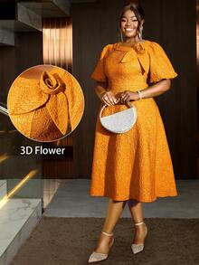 大码女士玫瑰提花泡泡袖A字毕业礼服，适合通勤、优雅鸡尾酒会、半正式舞会、生日、婚礼宾客、毕业典礼、晚宴、返校节等场合。 - 橘色 - 查看 2