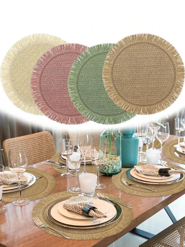 8pcs 2025 New Round Tassel Paper Woven Placemats (15inch) , Bohemian Style Placemats, Rustic Woven Fade- Tablemats, Braided Placemats For Home, Cafe Or Events, Green/Camel/Beige/Lotus Root Color, Daily Life, Halloween, Christmas, Thanksgiving Day, Wedding