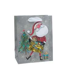 Gift Bag Christmas Holiday Gifting Paper Bags With Handles Medium Jolly Santa With Sequins@Wvz8craix