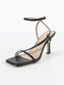 Women's Summer High Heel Sandals, Black Elegant Sexy Fashion Square Toe High Heel Sandals, Thin Strap Minimalist Dress Sandals For Wedding Bride, Party, Evening, Outdoor Wear - Black - View 4