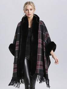 1pc Plus Size Hooded Cardigan With Fringes, Plaid Pattern, Knitted Poncho Shawl