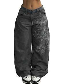 Women's Hip Hop Baggy Jeans Wide Leg Mid-Low Waist Jeans Loose Boyfriends Jeans 90s Vintage Denim Pants - 黑色 - 查看 2