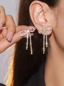 Retro Shining Tassel Club Bowknot Crystal Rhinestone Earrings Stud Wedding Party Graduation Jewelry 1 Pair - Silver - View 15