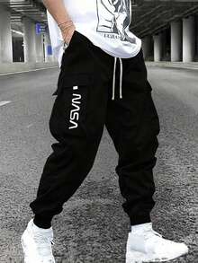 Men's Casual Cargo Pants, Slim Fit Outdoor Hiking Drawstring Trousers Spring - Black - View 1