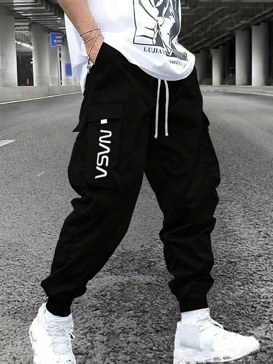 Men's Casual Cargo Pants, Slim Fit Outdoor Hiking Drawstring Trousers Spring - Black - View 1