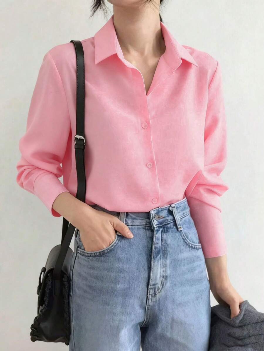 ISADORA MODA Women's Long Sleeve Shirt In Polyester Fabric, One Button On The Cuffs, White And Black, Pmg - 淺粉色 - 查看 1
