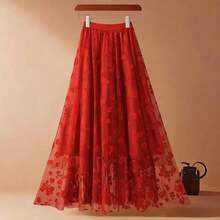 Embroidered Tulle Midi Skirt - Light And Romantic, 100% Polyester - Hot Pink - View 2