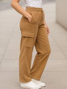 Pantalón Cargo Mujer de Pana con Cintura Elástica y Bolsillos Laterales - Camel - Ver 3