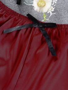 Set Bata Satin de 3 Pzas Bata Bralette Short Encaje  Comodo Fresca Sexy Mujer - Burdeos - Ver 5