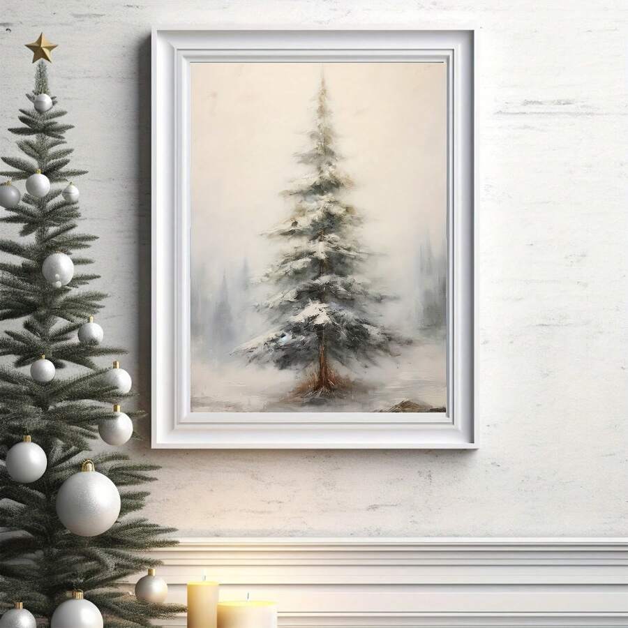 1 件复古雪天松树油画艺术 - 经典静物油画海报,无框 16x24 英寸,适合客厅和节日装饰,最适合圣诞节 - 彩色 - 查看 1