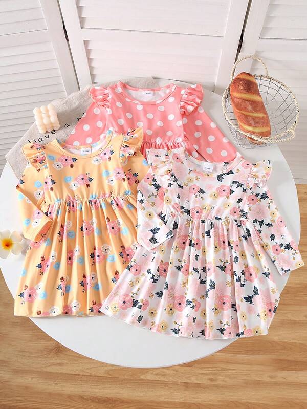 3pcs Baby Girls Casual Floral & Polka Dot Print Random Cut Dress, Outdoor Autumn/Winter