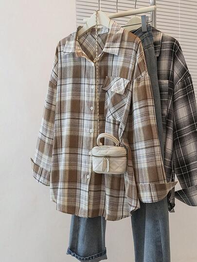 1pc Plaid Woven Fabric Front Button Pocket Long Sleeve Collared Checkered Shirt, Elegant Casual Versatile For Daily, School, All Seasons