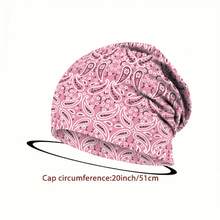 1/8顶 亮丽佩斯利印花宽松针织帽，男女通用，时尚弹力无檐帽，柔软针织帽，癌症主题帽，柔软弹力涤纶针织帽，可机洗，适合教师节、毕业典礼、父亲节等场合，休闲头饰，无檐帽 - 彩色 - 查看 2