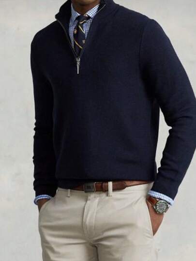 Men's Solid Color Long Sleeve Casual Fitted Zip-Up Stand Collar Sweater, Autumn/Winter