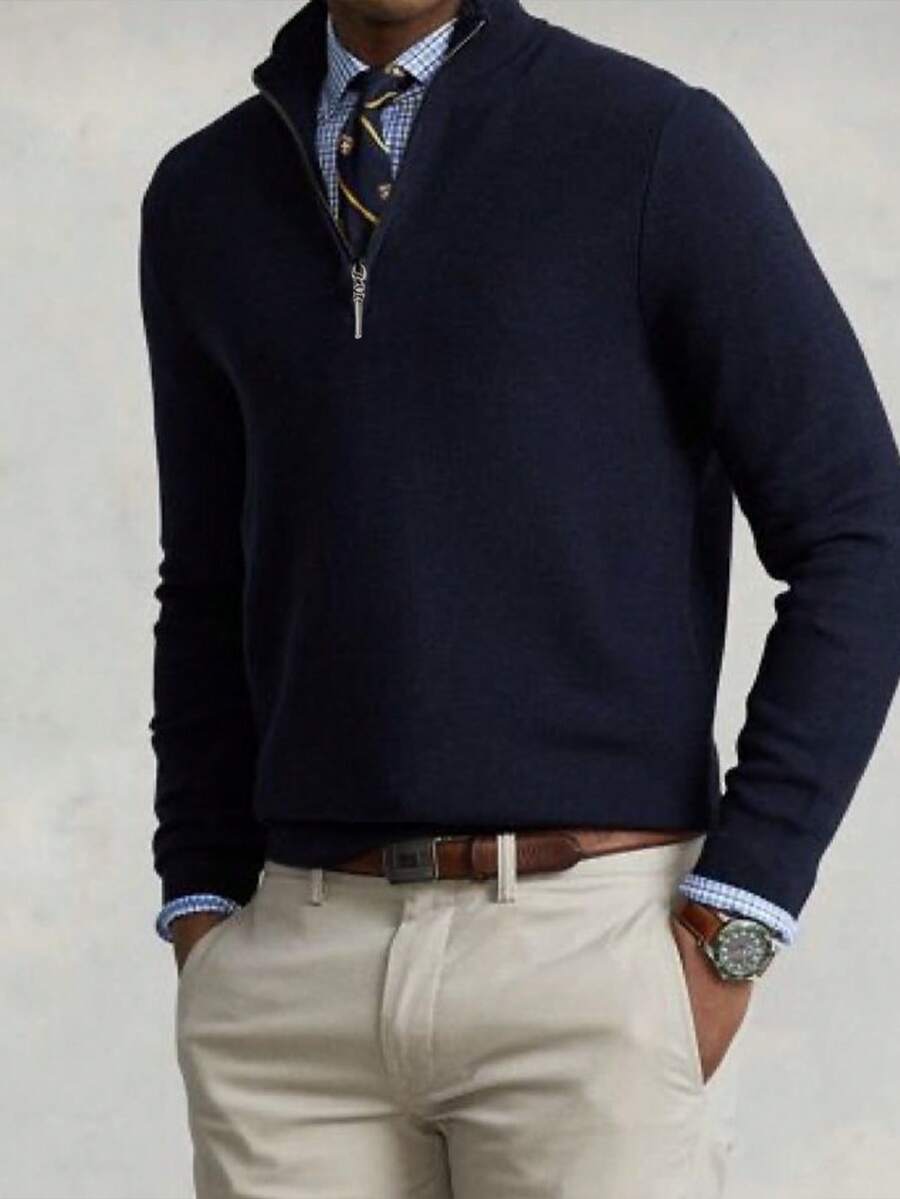 Men's Solid Color Long Sleeve Casual Fitted Zip-Up Stand Collar Sweater, Autumn/Winter - Navy Blue - View 1