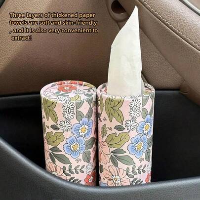 1 Pieza, Toallas de papel de alta calidad para el automóvil/hogar, apariencia cilíndrica, diseño con patrón de flores delicadas. Pañuelos absorbentes, esenciales para el hogar y los viajes. Dispensador creativo de toallas de papel para automóvil, 50 toallas de papel por paquete, 3 capas de toallas de papel reforzadas, servilletas, pañuelos faciales, papel de envoltura para el hogar. Adecuado para picnics al aire libre, dormitorios familiares, baños, oficinas, suministros de limpieza para restaurantes, suministros para bodas, suministros para fiestas.