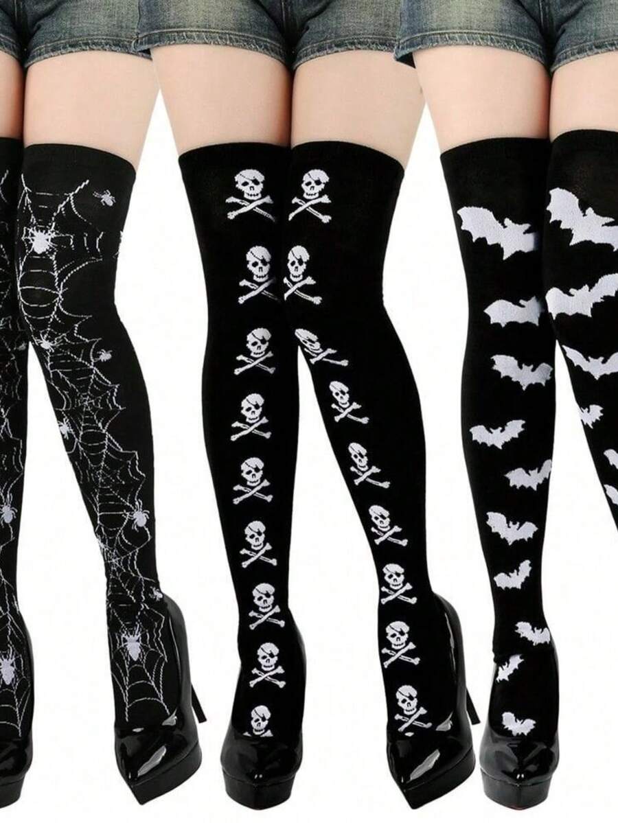 Halloween Party Bone Stockings Cos Masquerade Dress Up Props Lolita Shoelaces Stockings - 黑色蝙蝠 - 查看 1