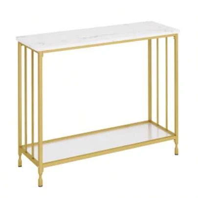 Table console étroite avec étagère, 85 x 30 x 81 cm, table d'appoint, table d'entrée, petite table d'exposition, table de canapé en métal, table d'entrée longue industrielle pour entrée, couloir, blanc-or