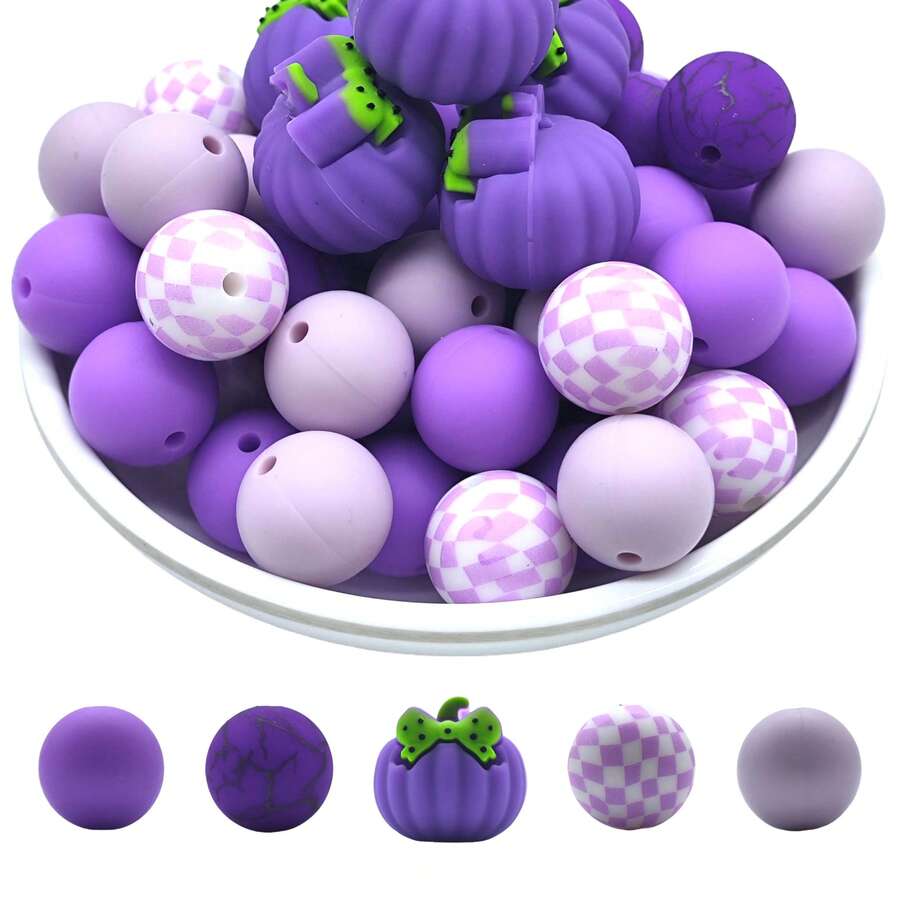 21 piezas/42 piezas Cuentas de silicona con diseño de calabaza morada de Halloween para manualidades, cuentas de plástico para bolígrafos, llaveros, decoración de autos, dijes para bolsos y teléfonos, pulseras, suministros de joyería