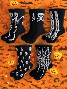 3/5/10 pares de calcetines de tubo medio unisex con diseño de esqueleto de dibujos animados aleatorios, suaves, cómodos, transpirables y versátiles para todas las estaciones, adecuados para uso diario y fiestas de Halloween
