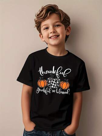 Grateful Thankful  Kids T-Shirt - Black With White Lettering & Pumpkin Design, Soft Breathable Short Sleeve Round Neck Top For Boys & Girls, Thanksgiving & Fall Season Apparel, Casual Casual Attire For School & Playdates, Boy Graphic Tee, Kid Clothe Boy, Boy T Shirt