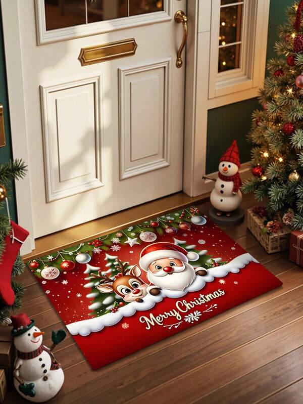 1 pezzo Zerbino con Babbo Natale e Renne, stile cartoni animati classico, in finta lana morbida, lavabile in lavatrice, facile da pulire, adatto per decorazioni natalizie in casa, utilizzabile per ingresso, soggiorno, camera da letto, cucina, bagno, corridoio, interno ed esterno, decorazioni natalizie/decorazioni per la casa