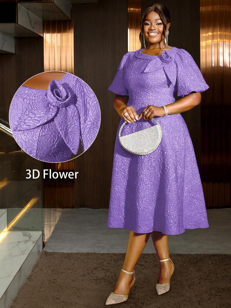 大码女士玫瑰提花泡泡袖A字毕业礼服，适合通勤、优雅鸡尾酒会、半正式舞会、生日、婚礼宾客、毕业典礼、晚宴、返校节等场合，也适合情人节和春季穿着。